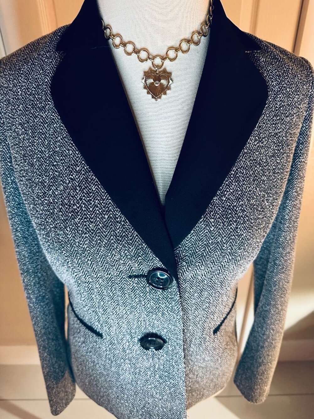 Vintage Jones Studio Herringbone Blazer - velvet trim, size 10